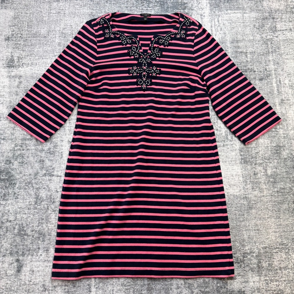 Talbots Dress Women XL Petite Pink Navy Striped Shift Embroidered Coastal Preppy